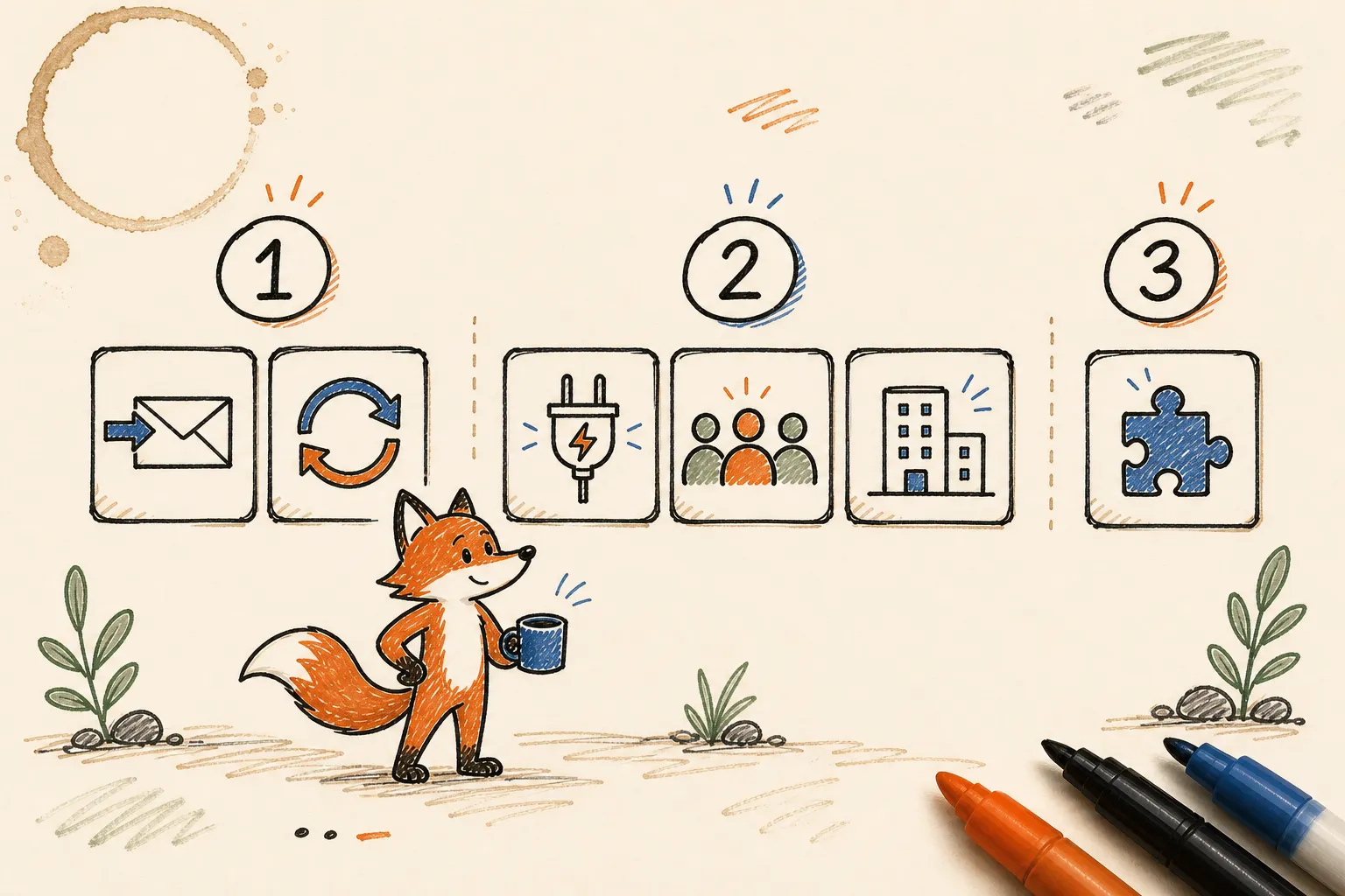 Hand-drawn whiteboard sketch showing three numbered groups of options for connecting multiple email accounts to Claude.