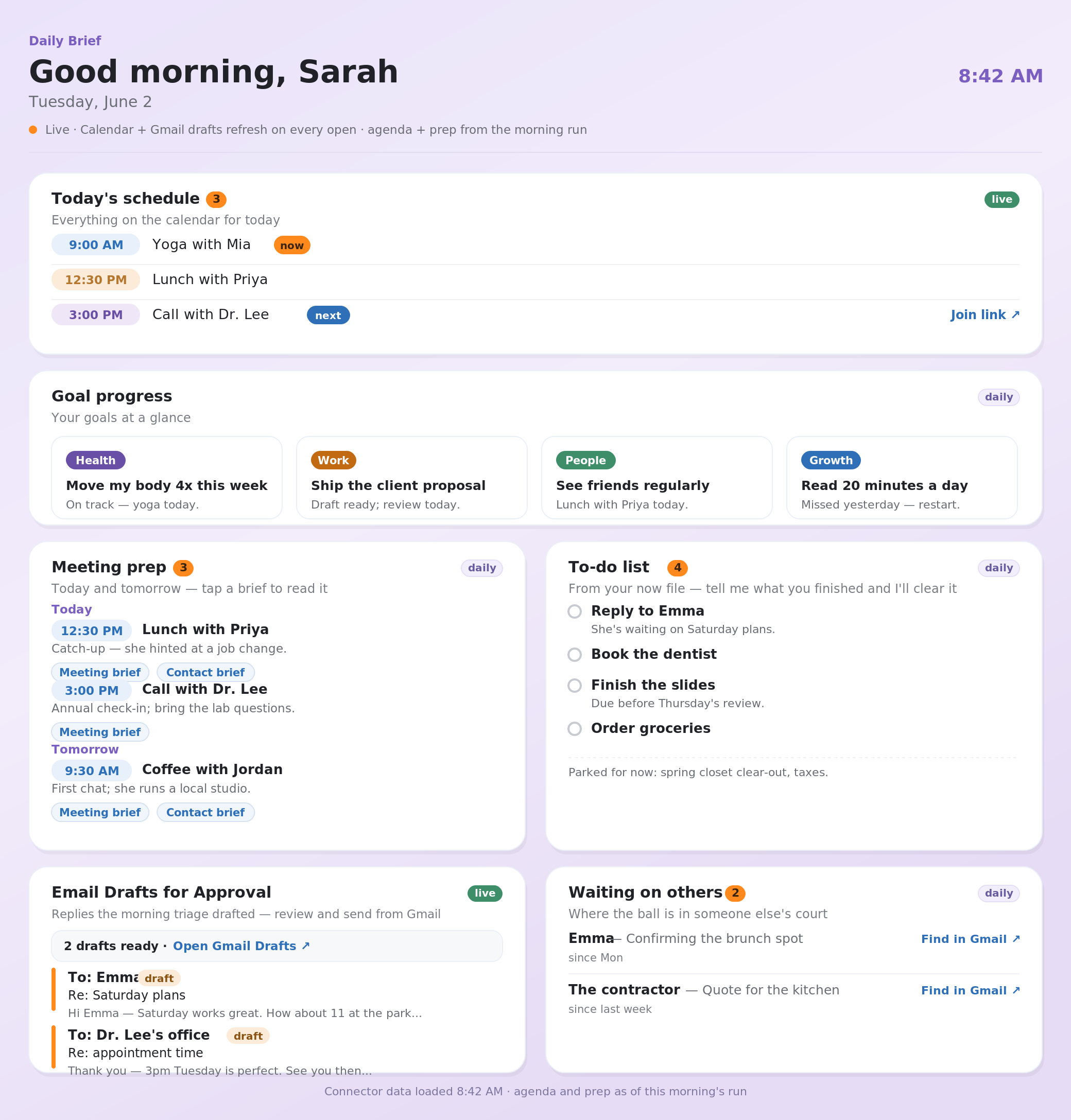 Daily Brief with schedule, goals, meeting prep, and email follow-ups